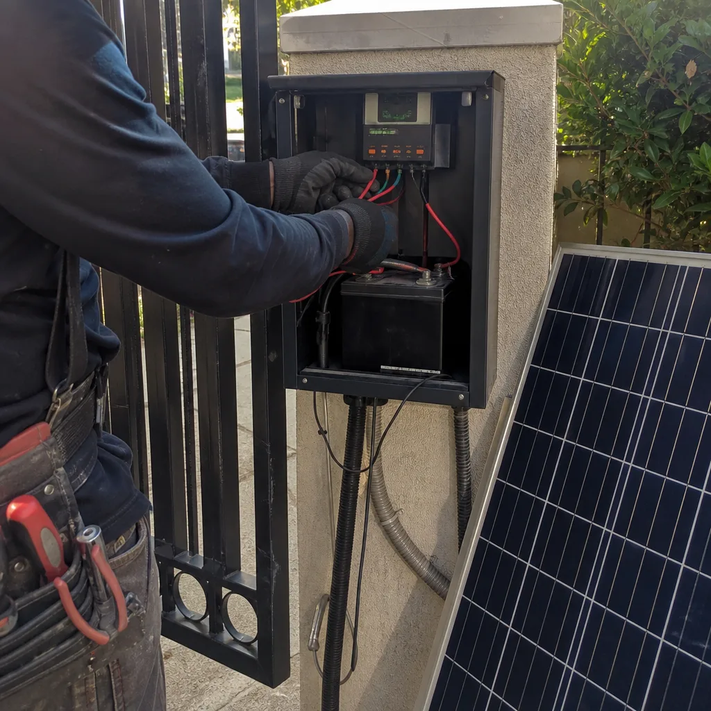 Technician performing solar gate access control installation and wiring. nationwide