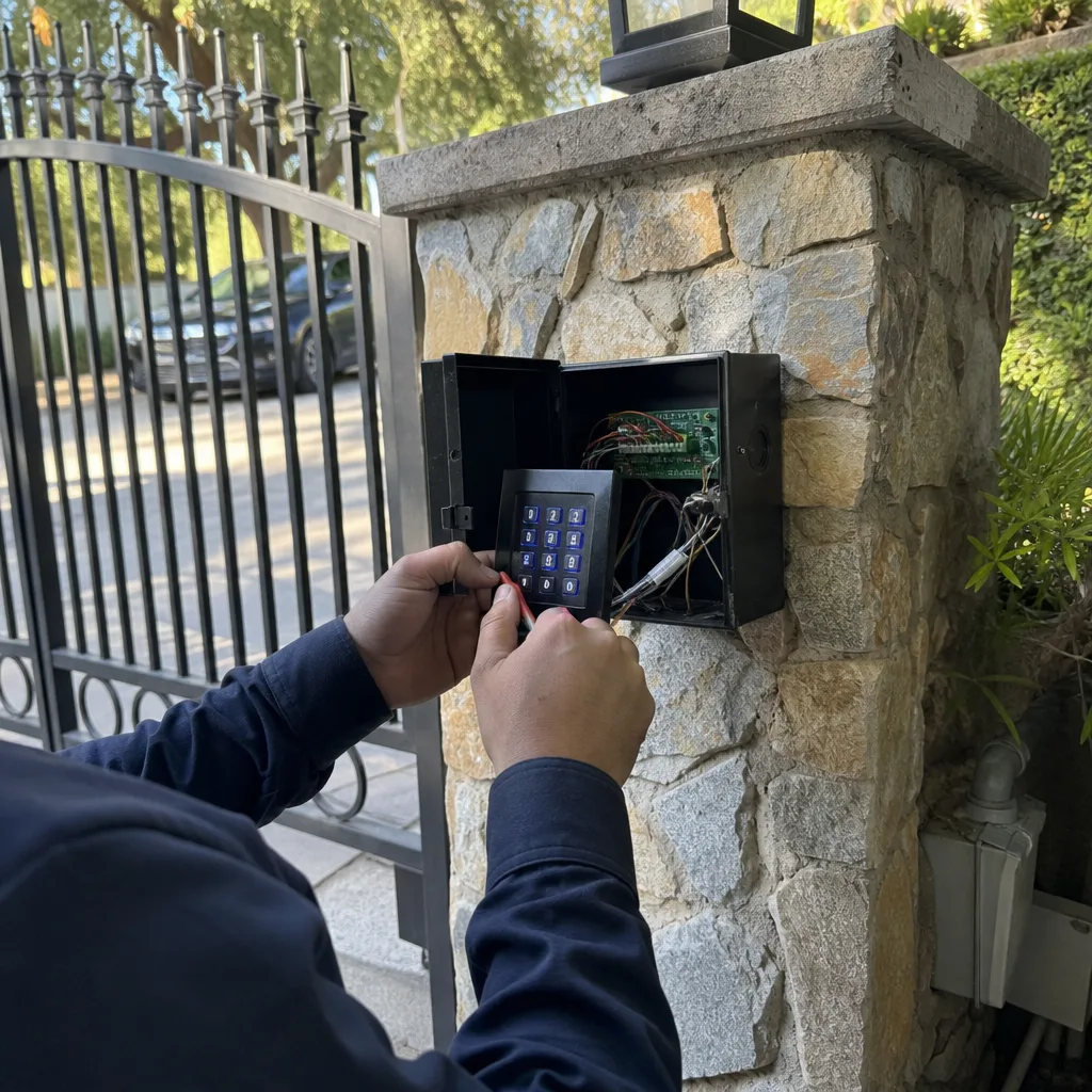Technician repairing an outdoor gate access control keypad system in Beverly Hills, CA