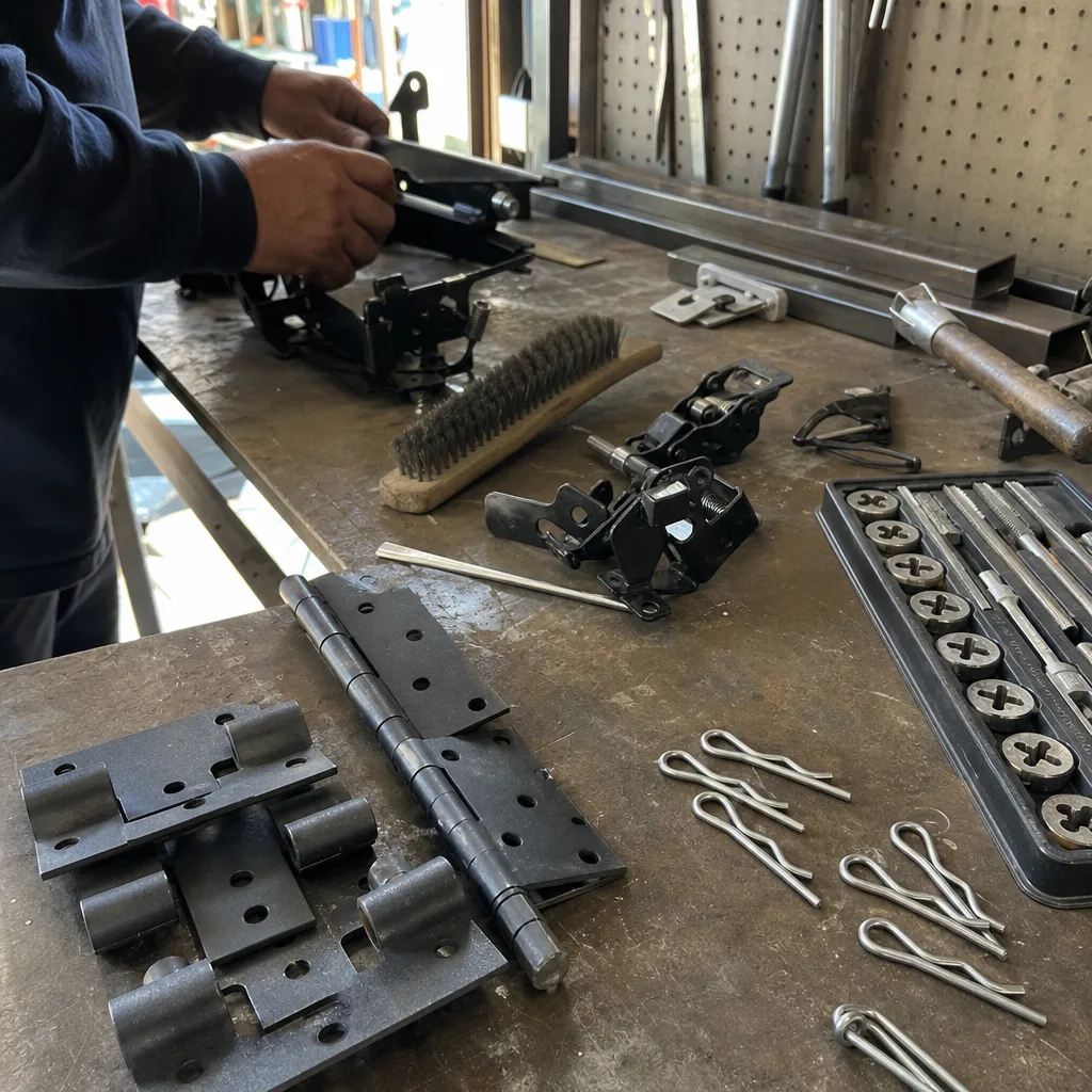 Metalworker organizing gate repair hardware and hinges on a workbench nationwide