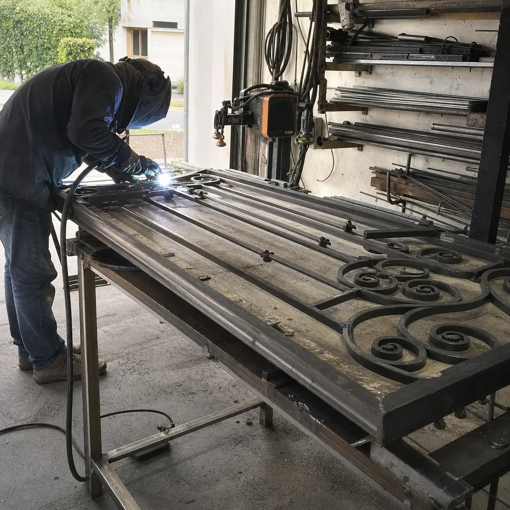 Welder performing precision metal work on custom gate parts in workshop nationwide