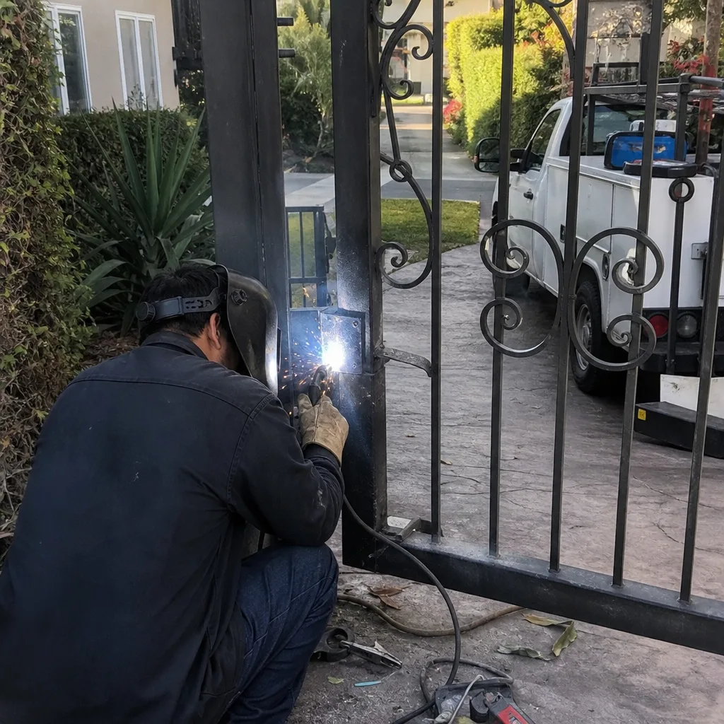 Professional welder performing iron gate repair and metal fence maintenance
